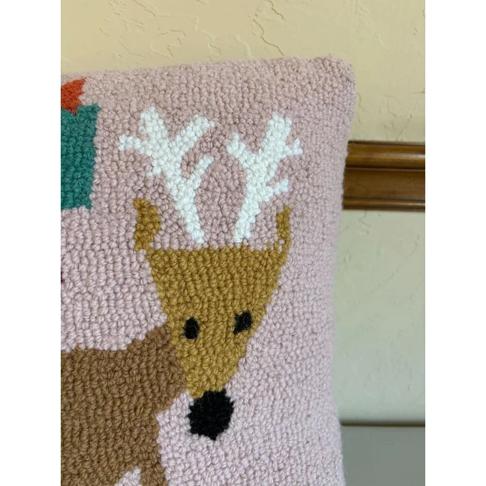 New! Cargo Room Reindeer with Presents Hook Pillow Square Pink Christmas Santa H